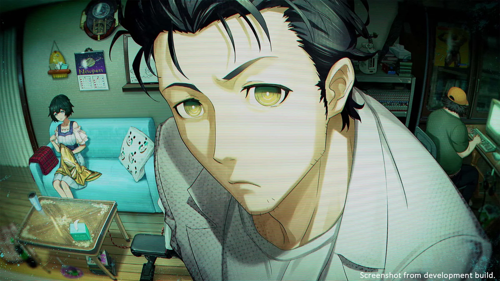 Rintaro Okabe in the Future Gadget Laboratory in a STEINS;GATE RE:BOOT development screenshot